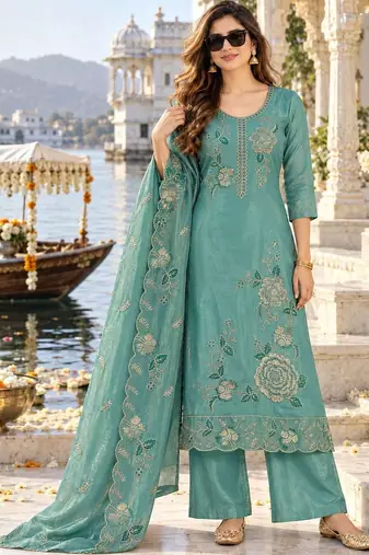 women ethnic motifs embroidered regular thread work kurta with palazzos & with dupatta