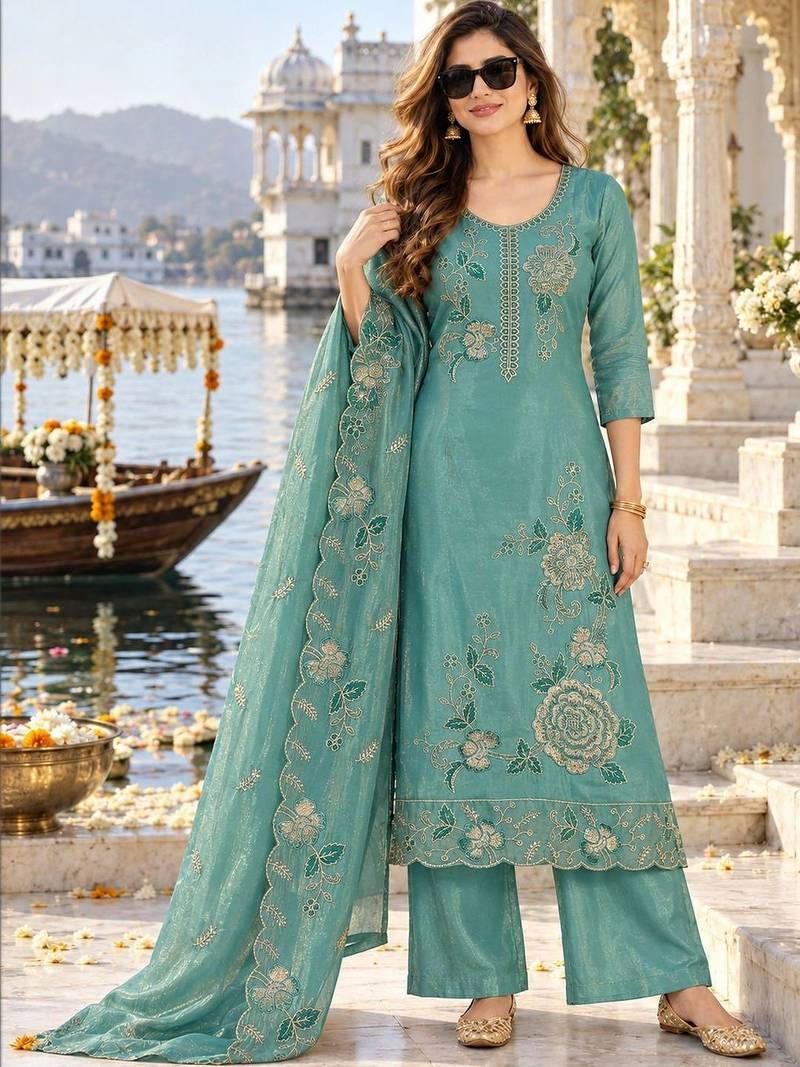 women ethnic motifs embroidered regular thread work kurta with palazzos & with dupatta