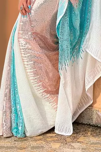 White white & rose gold embellished sequinned  georgette saree