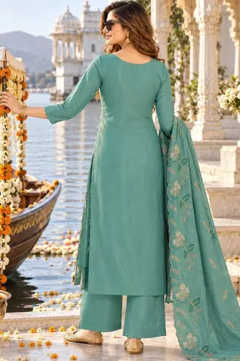 women ethnic motifs embroidered regular thread work kurta with palazzos & with dupatta
