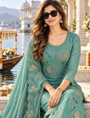 women ethnic motifs embroidered regular thread work kurta with palazzos & with dupatta 3