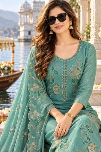 women ethnic motifs embroidered regular thread work kurta with palazzos & with dupatta