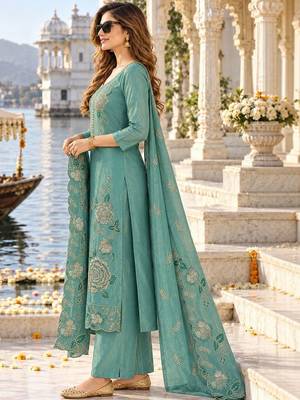women ethnic motifs embroidered regular thread work kurta with palazzos & with dupatta 4