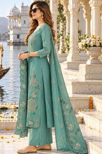 women ethnic motifs embroidered regular thread work kurta with palazzos & with dupatta