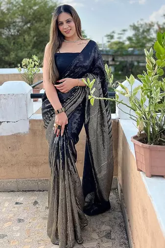 Black black embellished sequinned  georgette saree