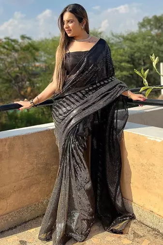 Black black embellished sequinned  georgette saree