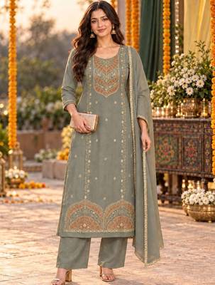 women ethnic motifs embroidered regular thread work kurta with palazzos & with dupatta 1