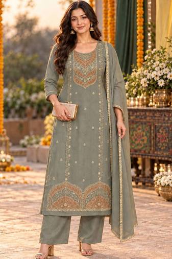 women ethnic motifs embroidered regular thread work kurta with palazzos & with dupatta