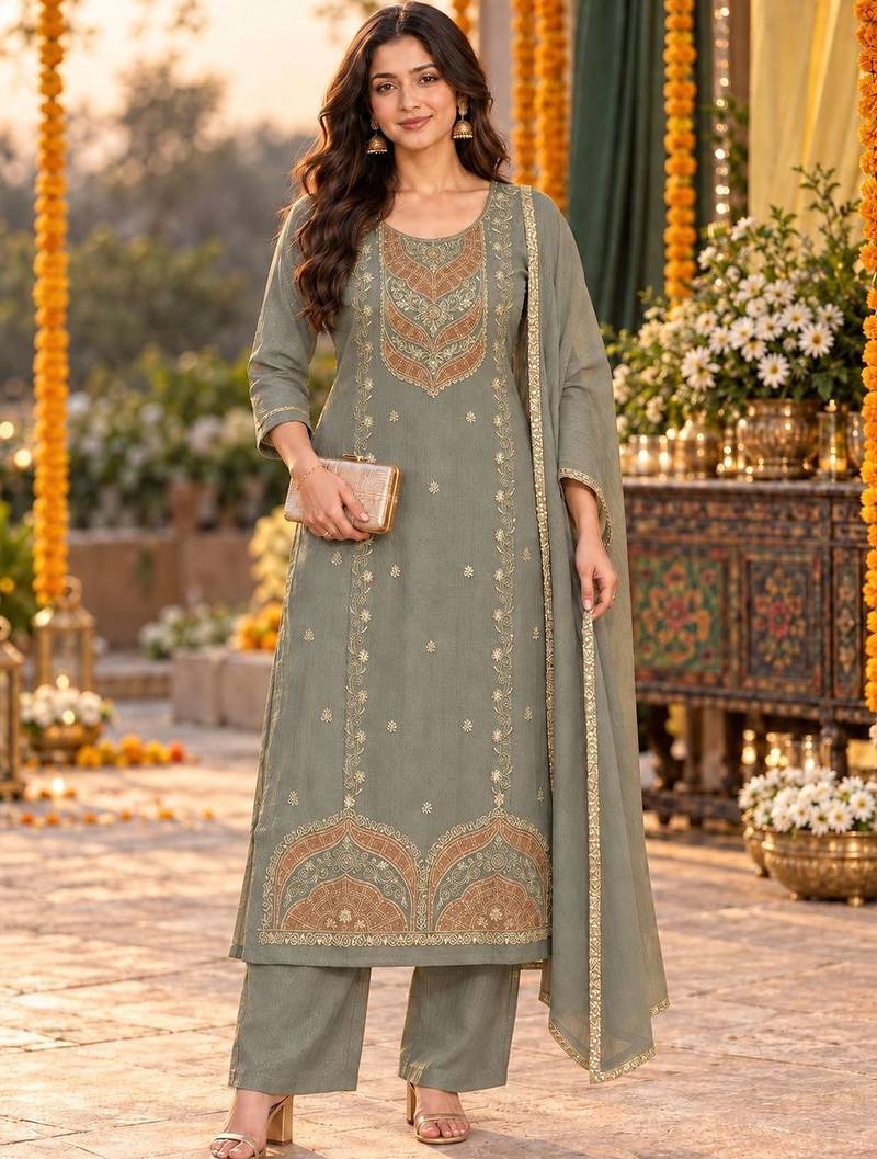 women ethnic motifs embroidered regular thread work kurta with palazzos & with dupatta