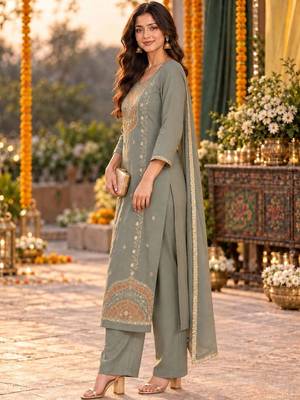 women ethnic motifs embroidered regular thread work kurta with palazzos & with dupatta 3