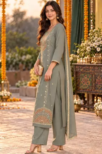 women ethnic motifs embroidered regular thread work kurta with palazzos & with dupatta
