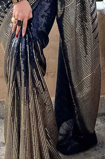 Black black embellished sequinned  georgette saree
