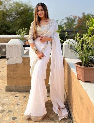 White sequinned  georgette saree 1