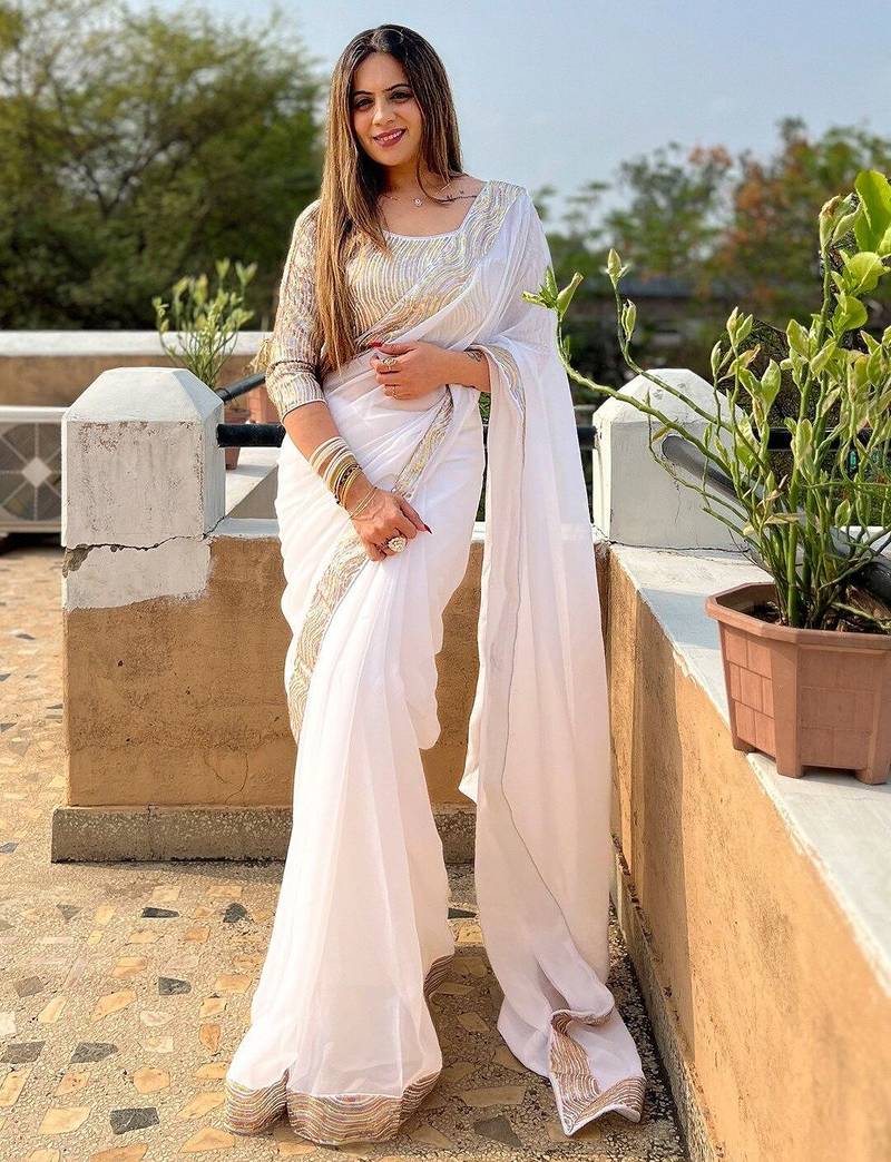 White sequinned  georgette saree