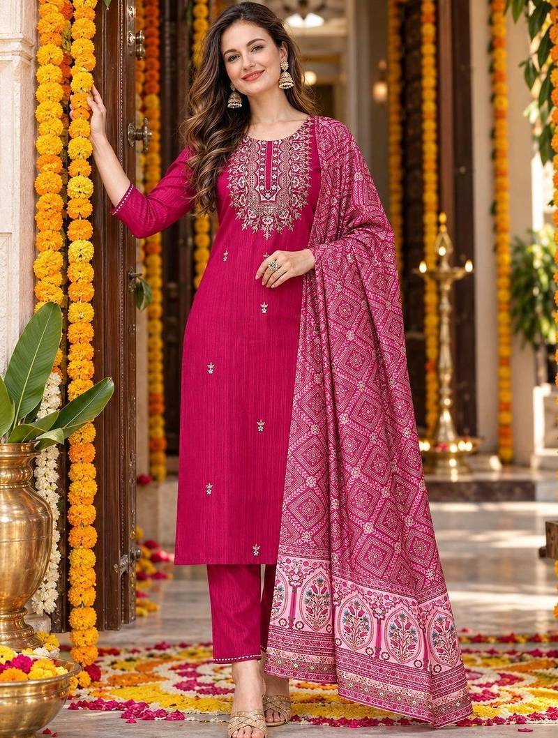 women ethnic motifs embroidered kurta with trousers & with dupatta