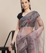 Grey grey & red floral printed organza saree