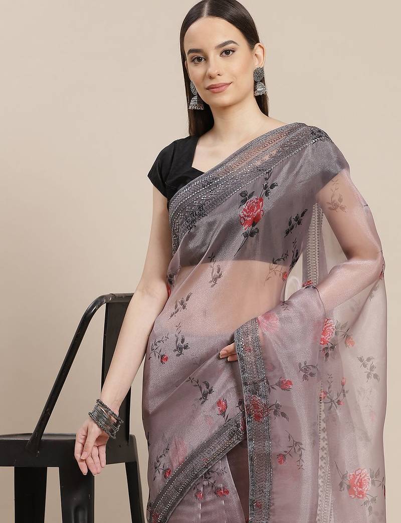 Grey grey & red floral printed organza saree