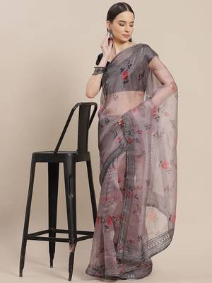 Grey grey & red floral printed organza saree 2