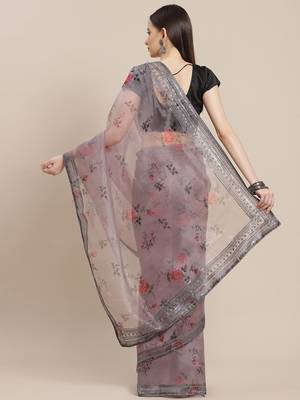 Grey grey & red floral printed organza saree 3
