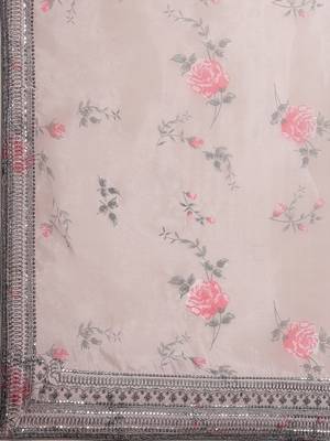 Grey grey & red floral printed organza saree 5
