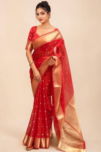 Red zari organza designer banarasi saree