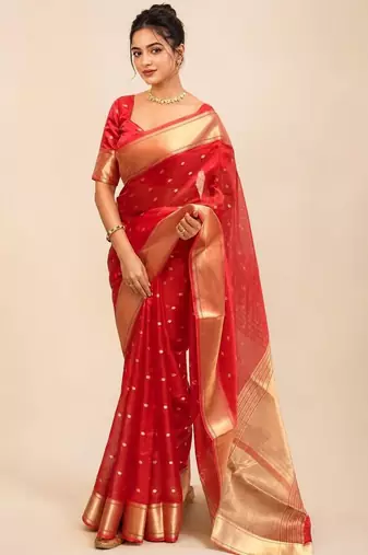 Red zari organza designer banarasi saree