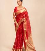 Red zari organza designer banarasi saree