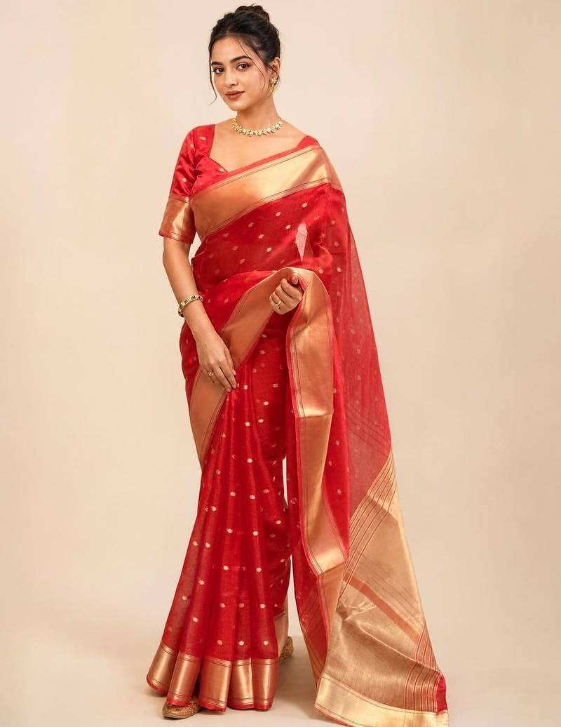 Red zari organza designer banarasi saree