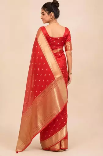 Red zari organza designer banarasi saree