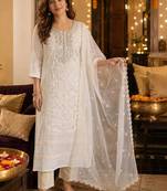 women ethnic embroidered chanderi cotton kurta with trousers & dupatta