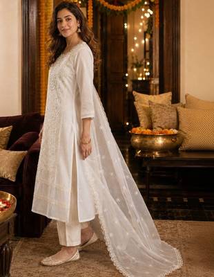 women ethnic embroidered chanderi cotton kurta with trousers & dupatta 2