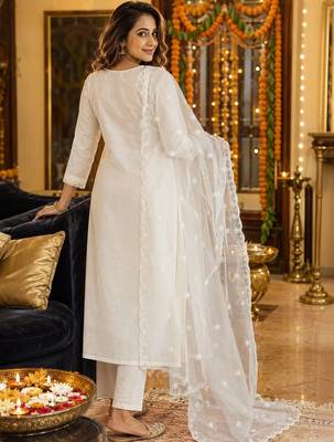 women ethnic embroidered chanderi cotton kurta with trousers & dupatta 3