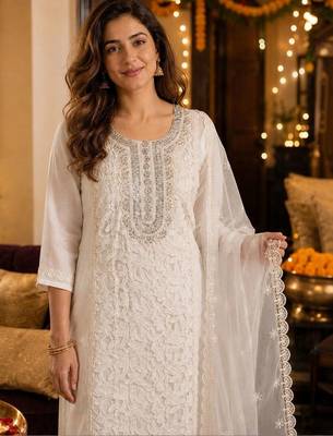 women ethnic embroidered chanderi cotton kurta with trousers & dupatta 4