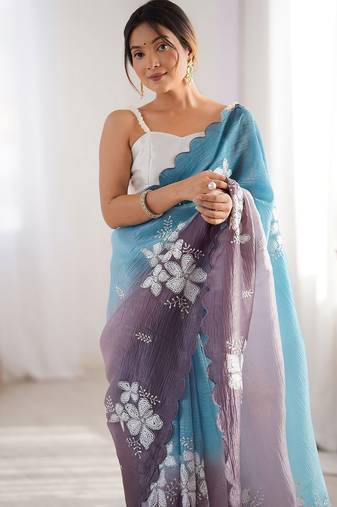 Blue floral embellished sequinned  chiffon saree