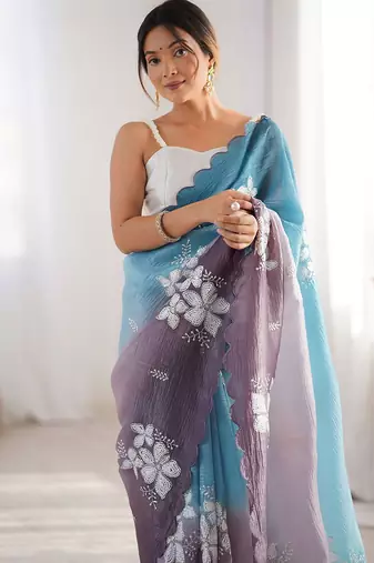 Blue floral embellished sequinned  chiffon saree