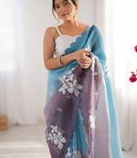 Blue floral embellished sequinned  chiffon saree
