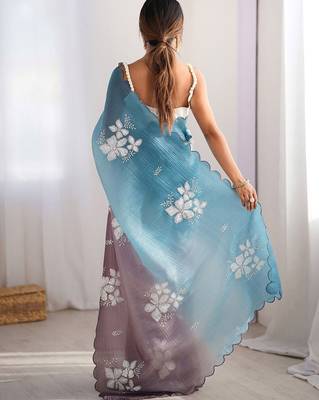Blue floral embellished sequinned  chiffon saree 2