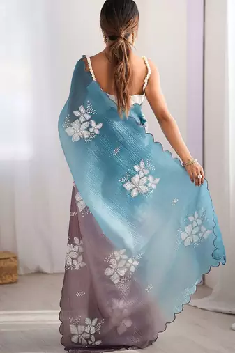 Blue floral embellished sequinned  chiffon saree