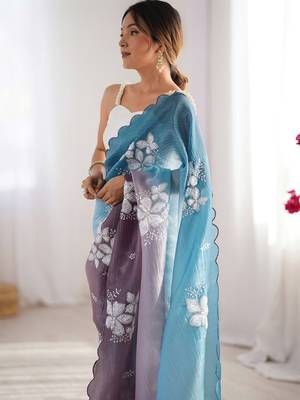 Blue floral embellished sequinned  chiffon saree 3