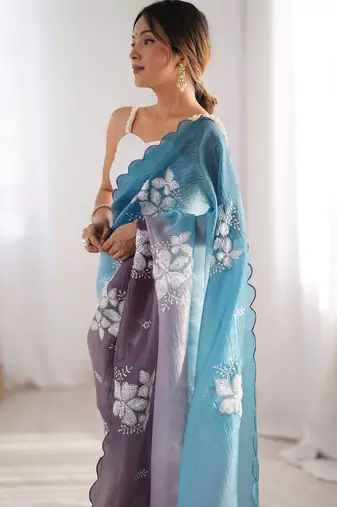 Blue floral embellished sequinned  chiffon saree