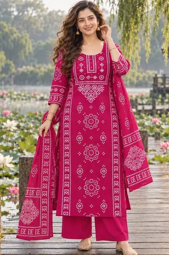 women ethnic motifs printed regular  cotton kurta with palazzos & with dupatta