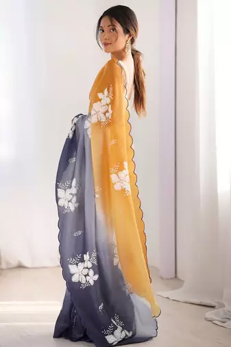 Mustard embellished sequinned  chiffon saree