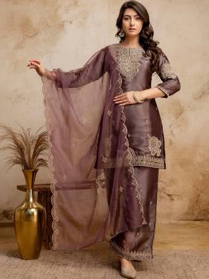 women embroidered regular kurta with palazzos & with dupatta 1