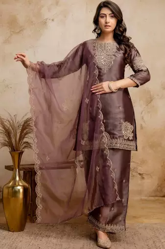 women embroidered regular kurta with palazzos & with dupatta