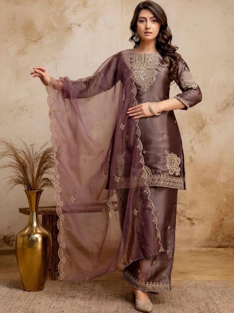 women embroidered regular kurta with palazzos & with dupatta