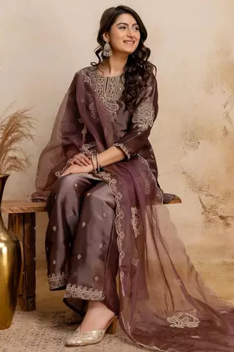 women embroidered regular kurta with palazzos & with dupatta