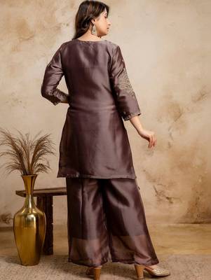 women embroidered regular kurta with palazzos & with dupatta 4