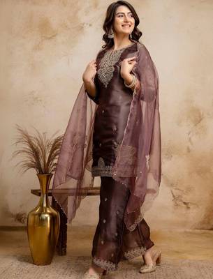 women embroidered regular kurta with palazzos & with dupatta 5