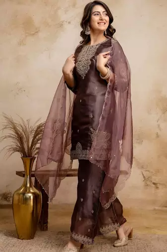 women embroidered regular kurta with palazzos & with dupatta