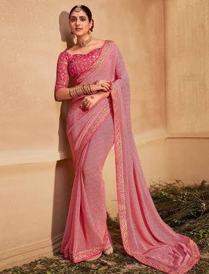 Pink striped printed sequinned  georgette leheriya saree 1